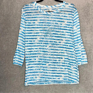 Palm Harbour Womens Top XL Blue Striped Starfish Round Neck 3/4 Sleeve Sheer